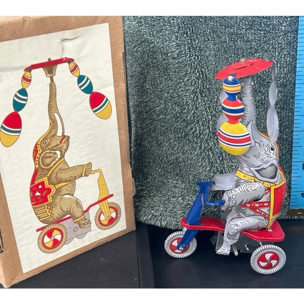 Vintage Paya Juggling Elephant Tin Litho Push Toy Circus Riding A Bike